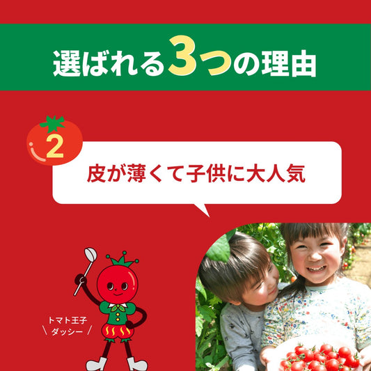 「選ばれる3つの理由」の2番目を紹介する赤いバナー。「皮が薄くて子供に大人気」の文字とトマト王子ダッシー、ハウス内で笑う子供2人の写真