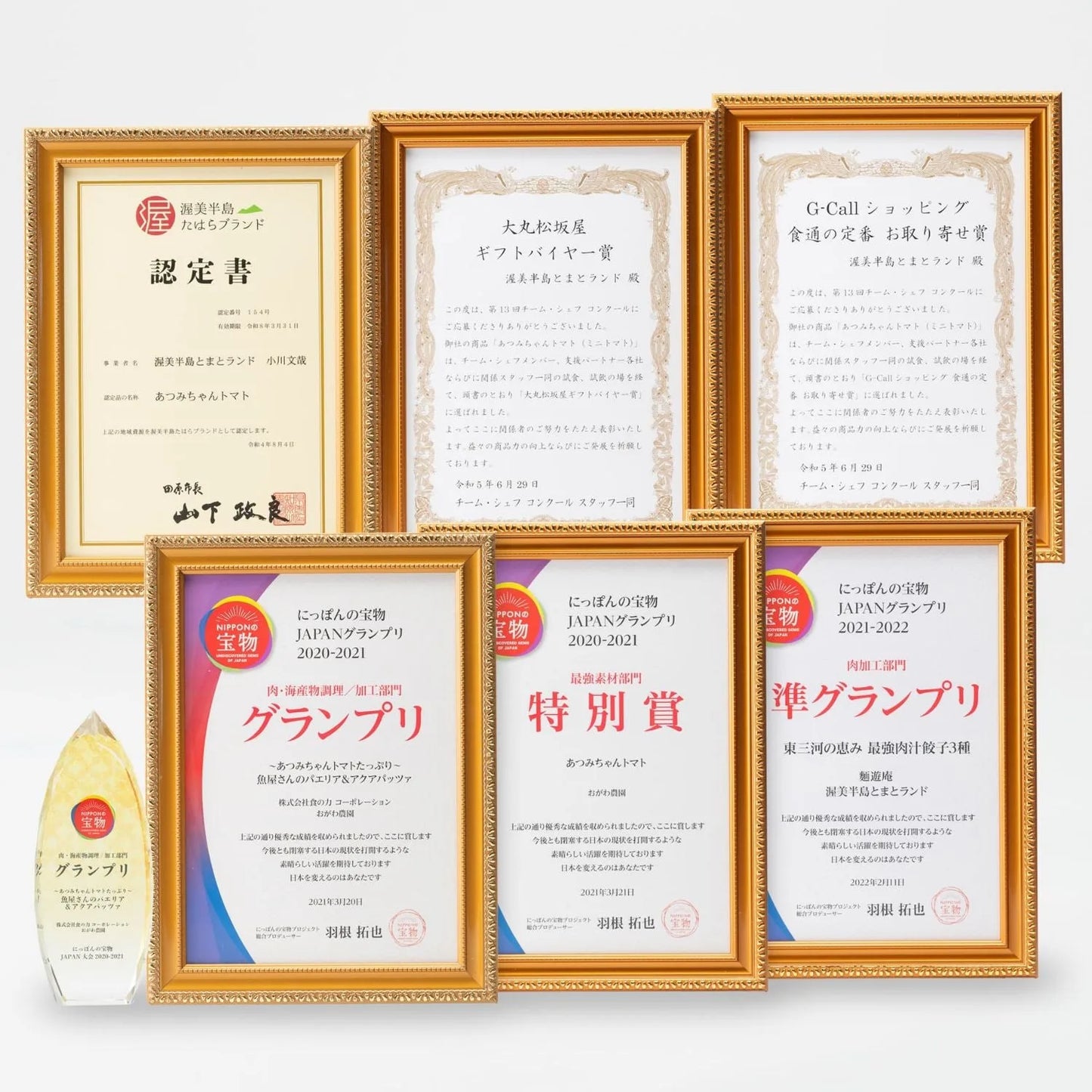 金色の額縁に入った認定書やグランプリ賞状6枚とトロフィーを白背景に並べた写真。渥美半島たはらブランド認定書やにっぽんの宝物JAPANグランプリの賞状が並ぶ