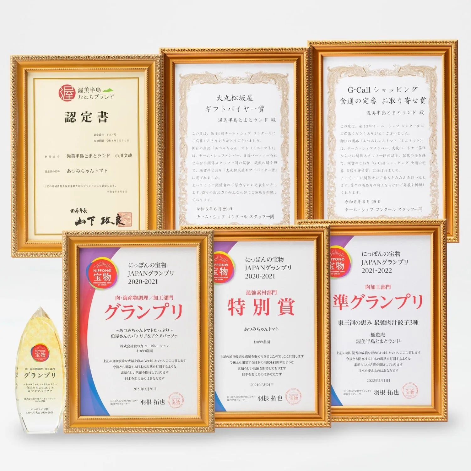 金色の額縁に入った認定書やグランプリ賞状6枚とトロフィーを白背景に並べた写真。渥美半島たはらブランド認定書やにっぽんの宝物JAPANグランプリの賞状が並ぶ