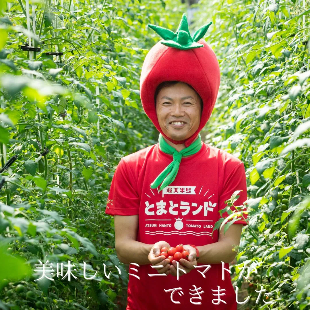 トマトの被り物をかぶり笑顔で両手にミニトマトを持つ男性、「美味しいミニトマトができました」の文字入り写真