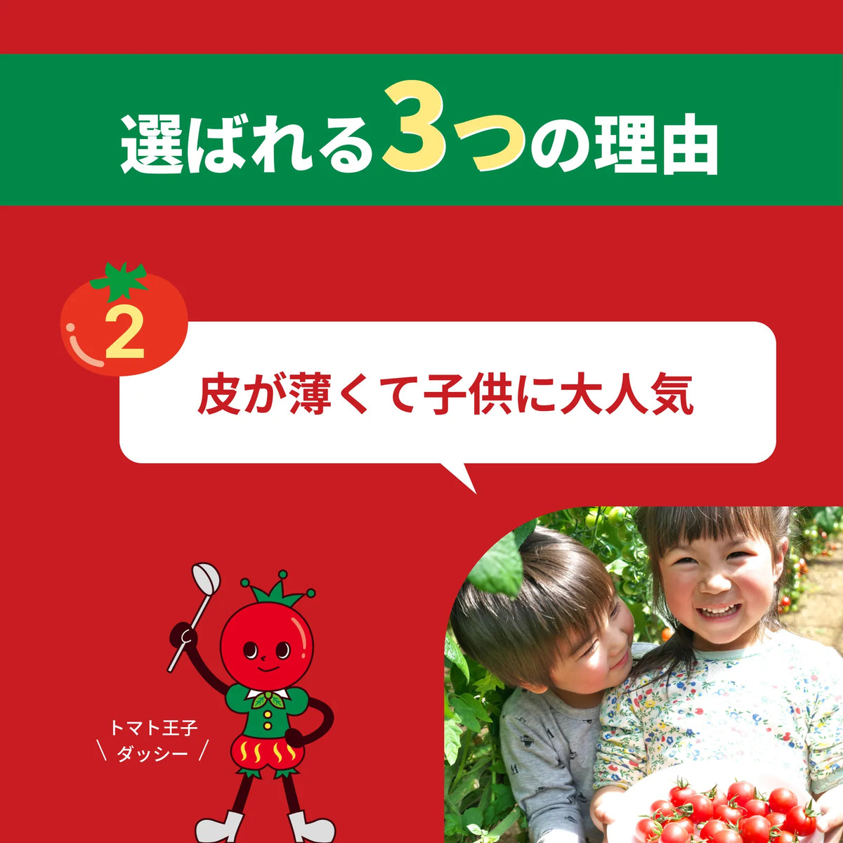 「選ばれる3つの理由」その2、皮が薄く子供に人気であることを紹介する図解。畝でミニトマトを持つ子供2人の写真とトマト王子キャラクター入り
