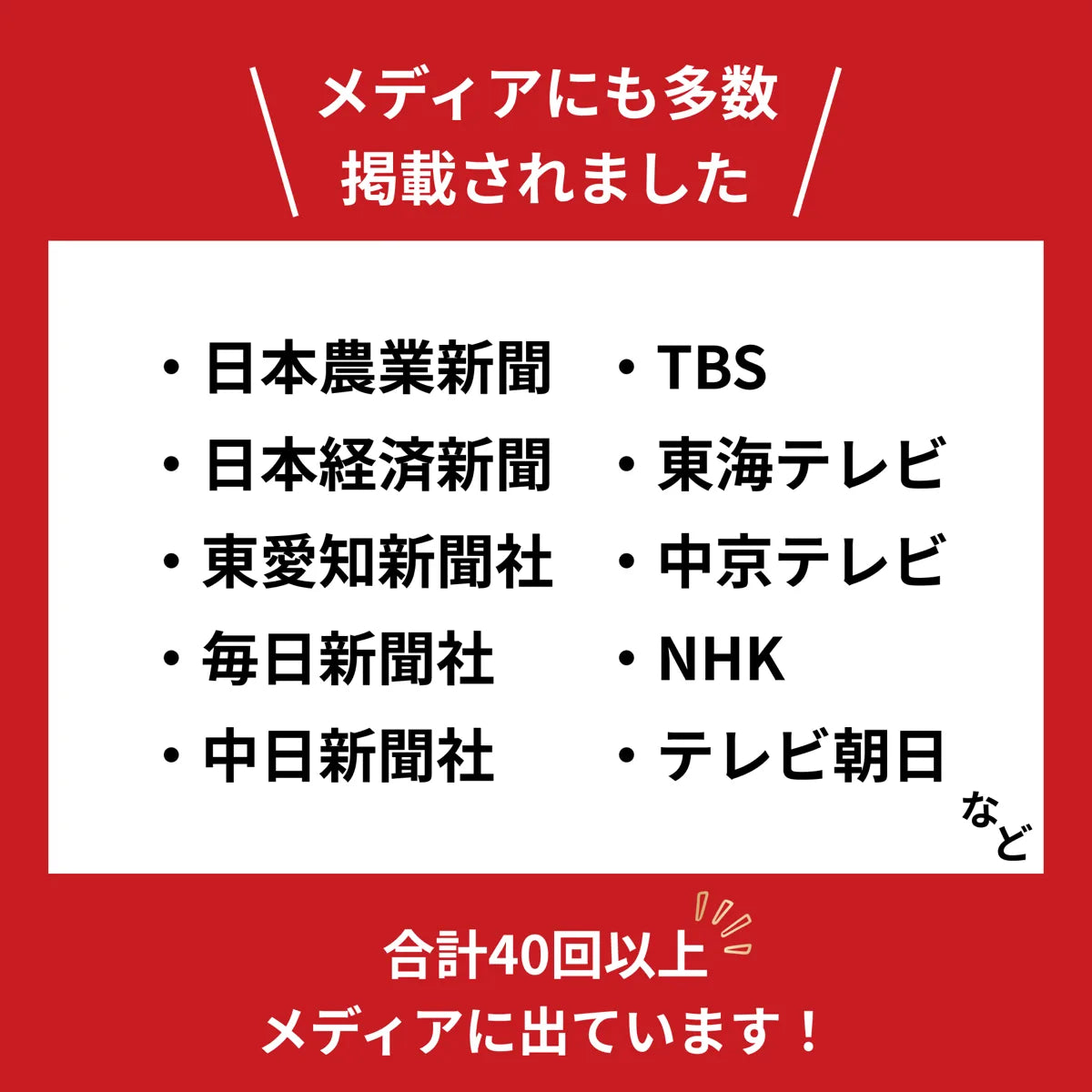 「メディアにも多数掲載されました」の見出しと、日本農業新聞・日経新聞・NHK・TBSなど掲載メディア名を一覧にした赤いテキストバナー